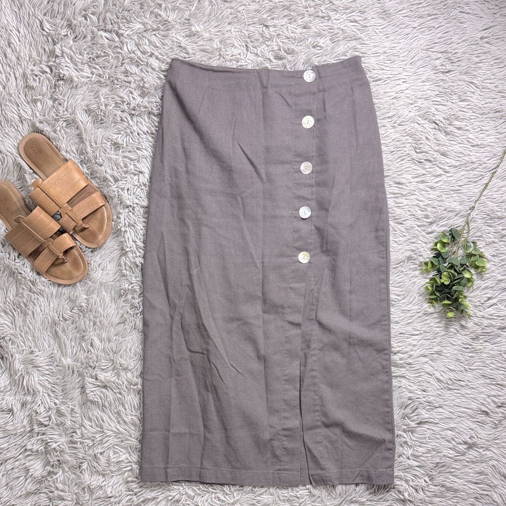 Final Touch Charcoal Button-Front Linen Midi Skirt size L